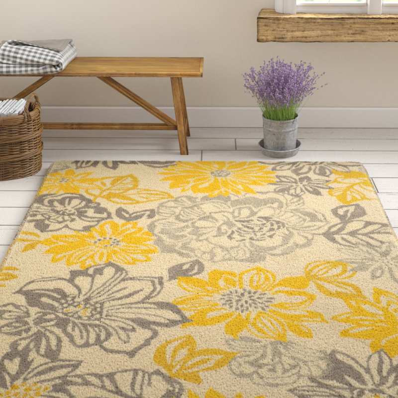 August Grove® Amezcua Floral Handmade Tufted Gray/Yellow Area Rug